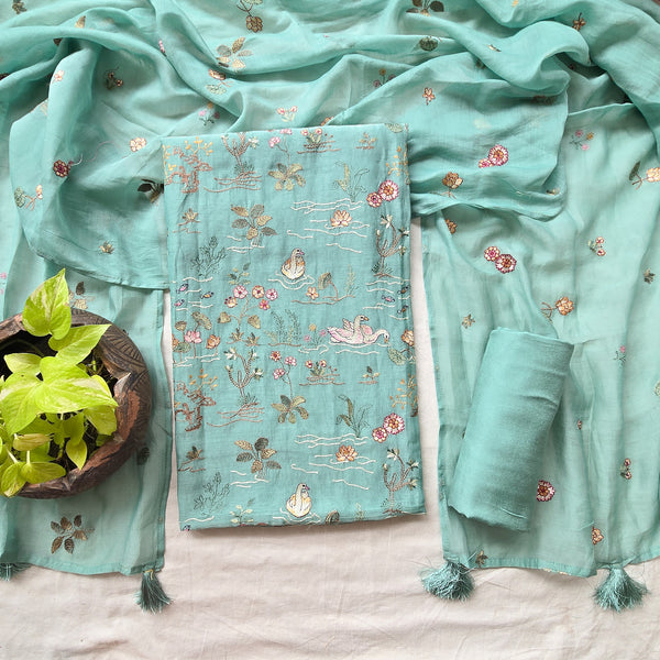 VAANI -Mul Chanderi Sea Green  With Embroided Motifs Suit