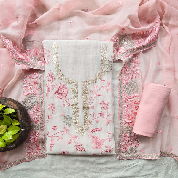 VAANI-Mul Chanderi  Off White And Pink Emboiderey With Zari Work Neck  Dupatta