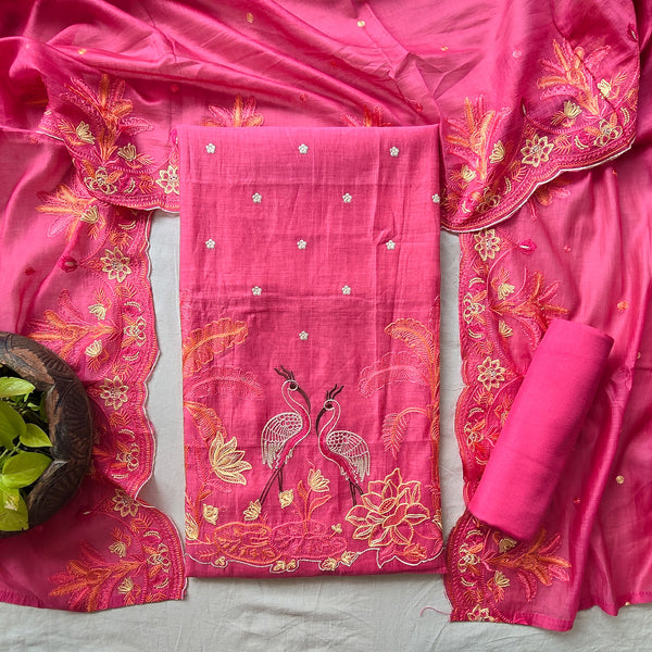 VAANI -Mul Chanderi Pink With Embroided  Flamingo Motifs Suit