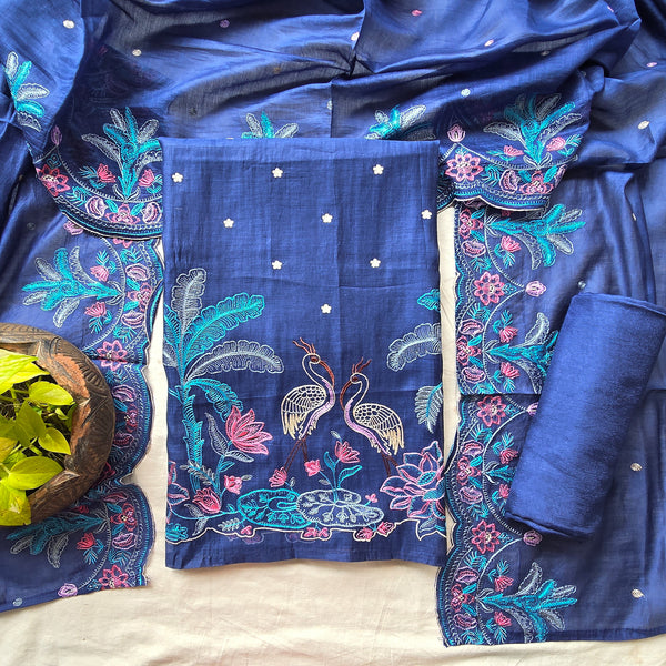 VAANI -Mul Chanderi Navy Blue With Embroided  Flamingo Motifs Suit