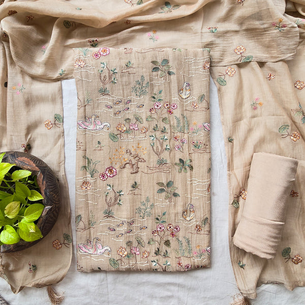 VAANI -Mul Chanderi khaki With Embroided Motifs Suit