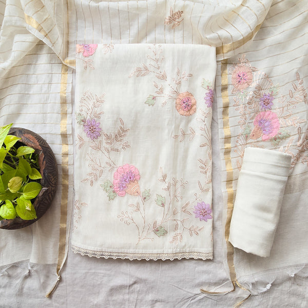VAANI -Mul Chanderi White With Gold Zari  Embroided   Suit
