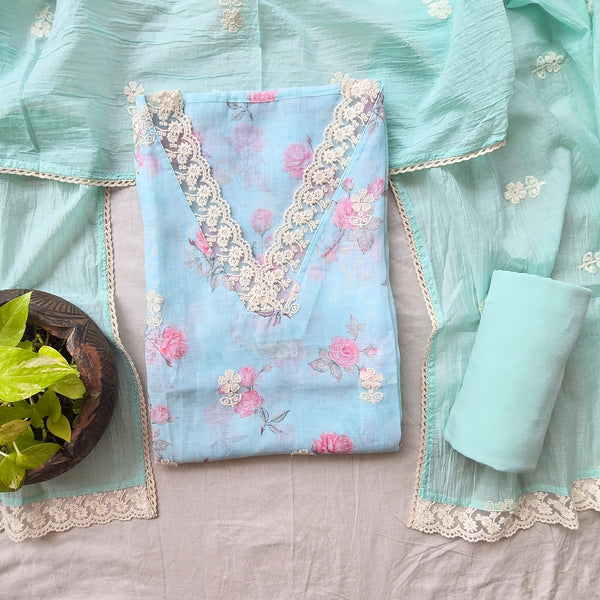 VAANI -Soft Jute  Mint Blue With  Embroided  Flower  Motifs And Floral Design  Suit