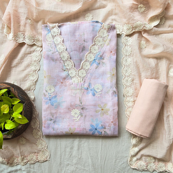 VAANI -Soft Jute  Pastel Pink With Peach  Embroided  Flower  Motifs And Floral Design  Suit