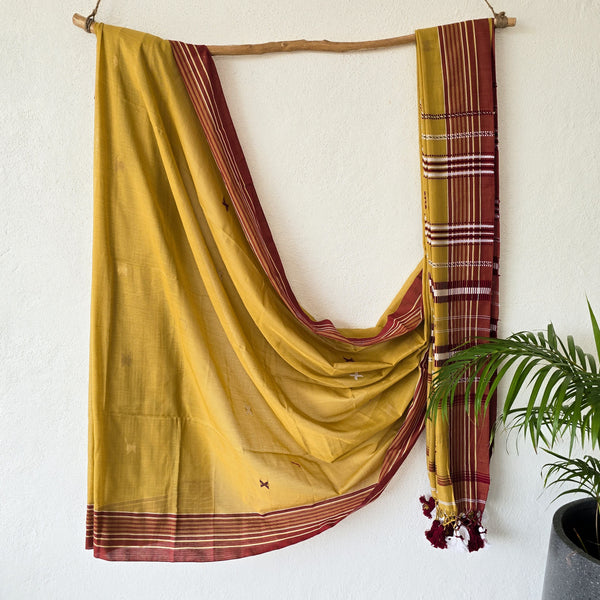 BHUJODI- Pure Cotton Mustard With Brown Handwoven Bhujodi Saree
