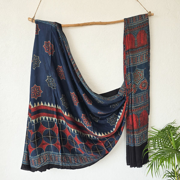AAYAT-Modal Silk Ajrak Rust Blue With Red Motif Flower Saree