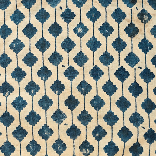 Pure Cotton Ajrak Cream With Rust Blue Creeper Hand Block Print Fabric