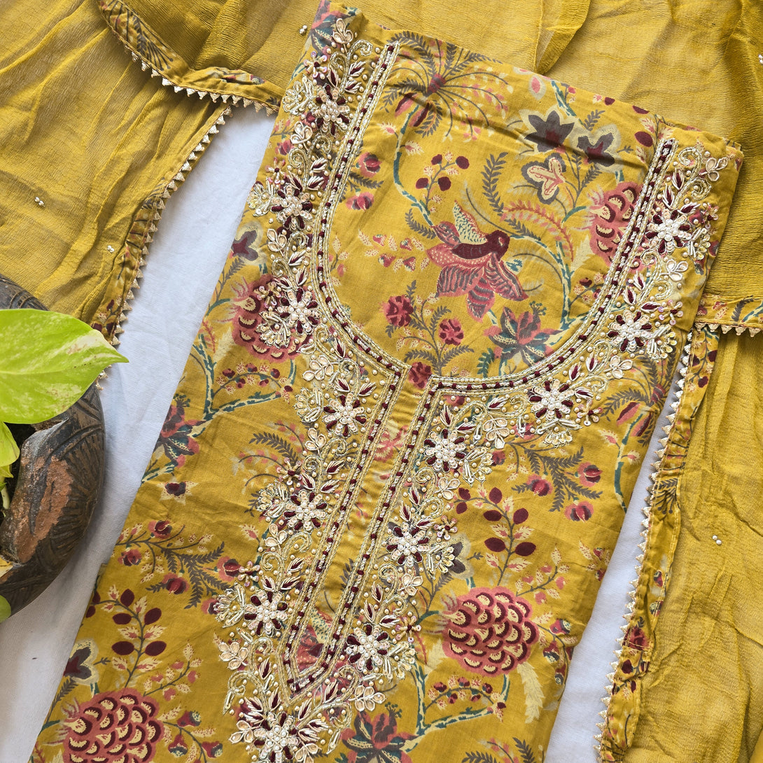 RIDHI-Pure Cotton Mustard With Embroided Bits Work Yoke Suit – Sanskruti