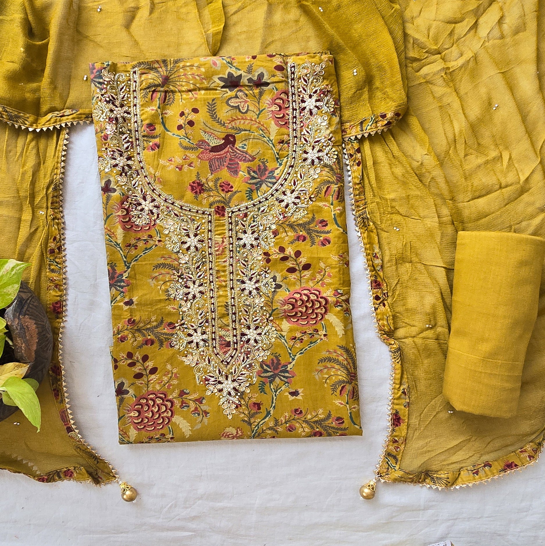 RIDHI-Pure Cotton Mustard With Embroided Bits Work Yoke Suit – Sanskruti