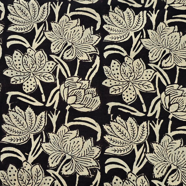 Pure Cotton Bagru Black With Cream Flower Jaal Hand Block Print Fabric
