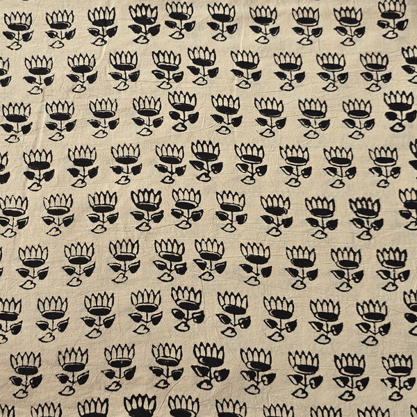 Pure Cotton Bagru Cream With Black Lotus Motif Hand Block Print Fabric