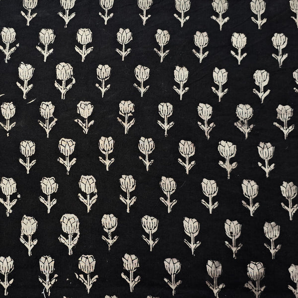 Pure Cotton Bagru Black With Cream Flower Motif Hand Block Print Fabric