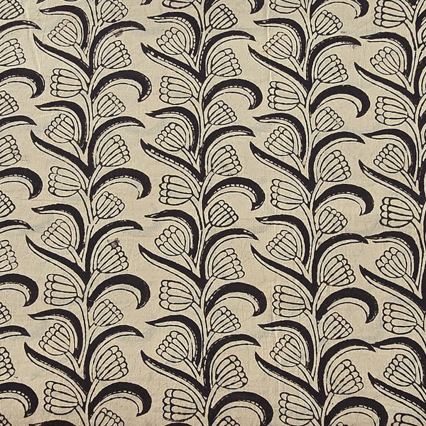 Pure Cotton Bagru Cream With Black Flower Creeper Hand Block Print Fabric