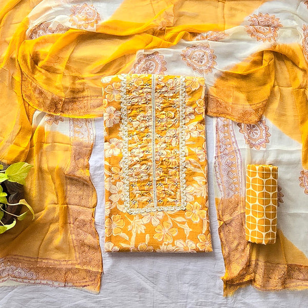 KRUTIKA- Pure Cotton Mustard With Floral Design Suit