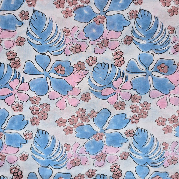Pure Cotton Jaipuri White With Baby Pink and Blue  Flower Motif Hand Block Print Fabric