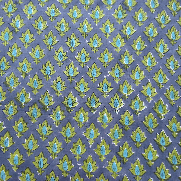 Pure Cotton Jaipuri Grey With Green Leaves Hand Block Print Fabric