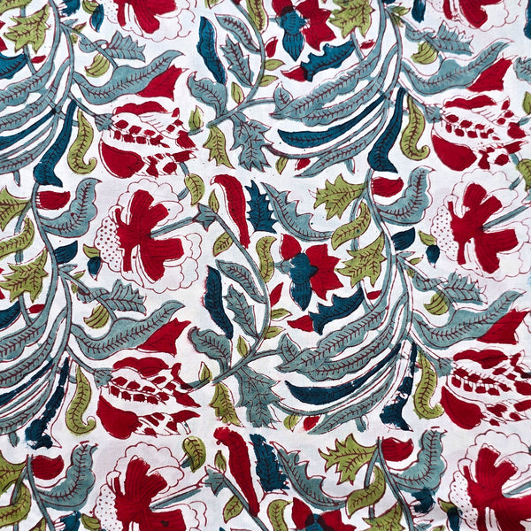 Pure Cotton Jaipuri White With Red Flower Jaal Motif Hand Block Print Fabric