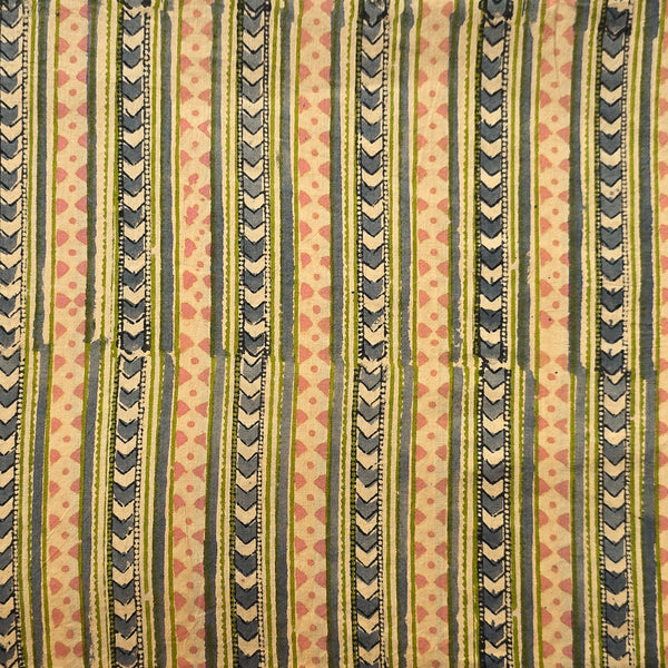 Pure Cotton Jaipuri Beige With Pink and Grey Stripe Design  Hand Block Print Fabric