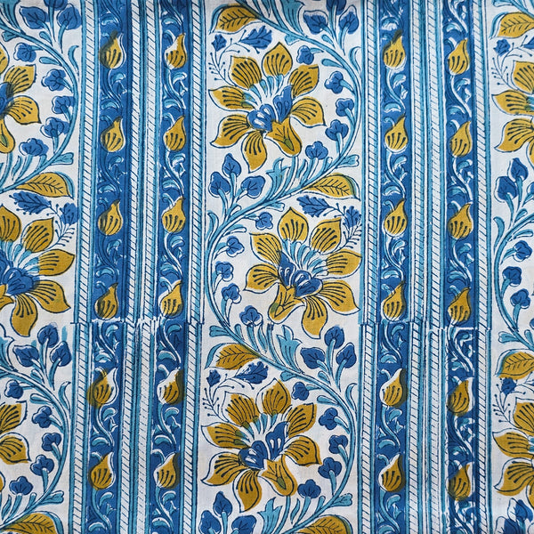 Pure Cotton Jaipuri White With  Blue and Mustard Yellow Stripe Border Design Hand Block Print Fabric