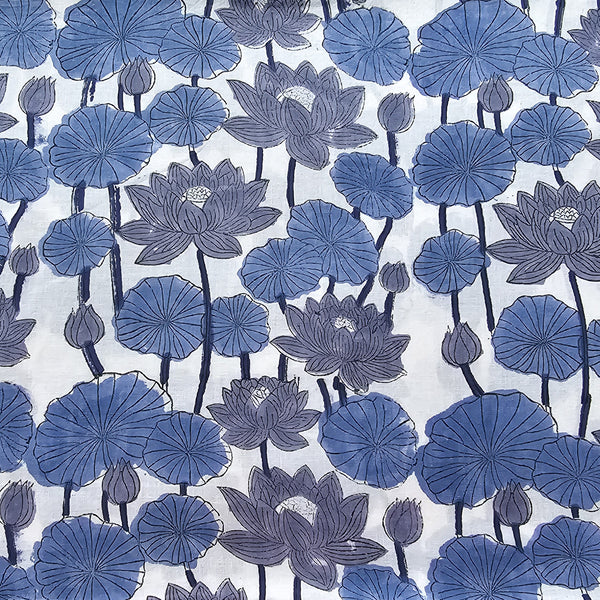 Pure Cotton Jaipuri White With Grey and Blue Flower Motif Hand Block Print Fabric