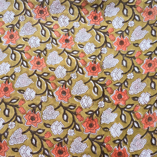 Pure Cotton Jaipuri Greenish With Orange and White  Flower Motif Hand Block Print Fabric