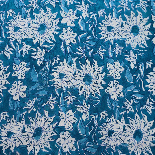 Pure Cotton Jaipuri Blue With Wild  Flower Jaal Hand Block Print Fabric