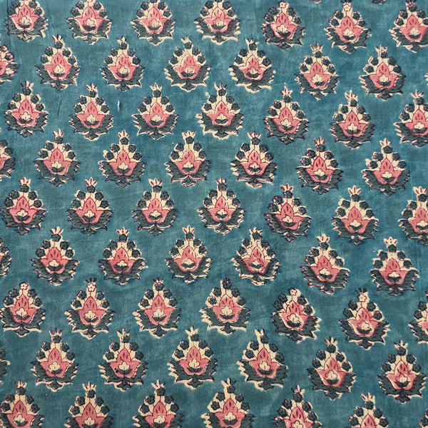 Pure Cotton Jaipuri Blue With Peach  Flower Motif Hand Block Print Fabric