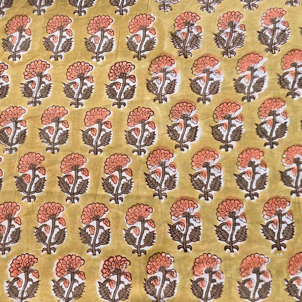 Pure Cotton Jaipuri Greenish With Orange Flower Motif Hand Block Print Fabric