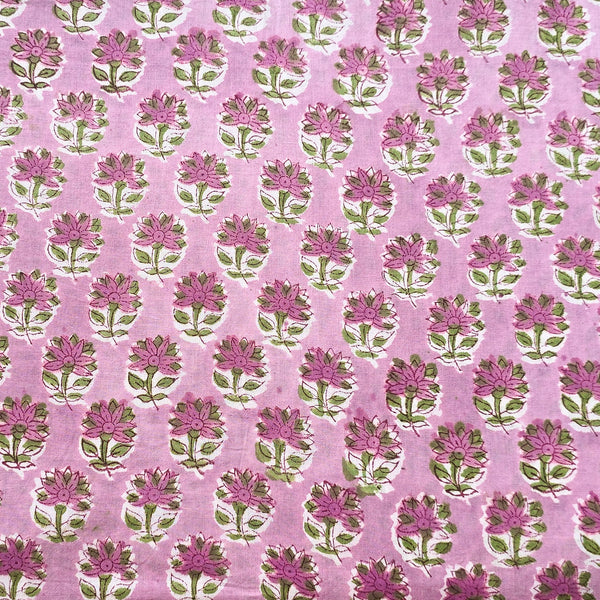Pure Cotton Jaipuri Pink With Purple Flower Jaal Hand Block Print Fabric