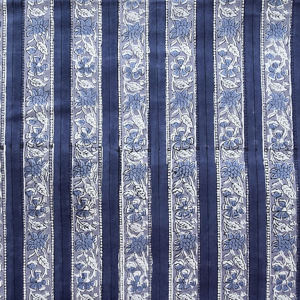 Pure Cotton Jaipuri Grey With Dark Blue  Stripe Border Design Hand Block Print Fabric