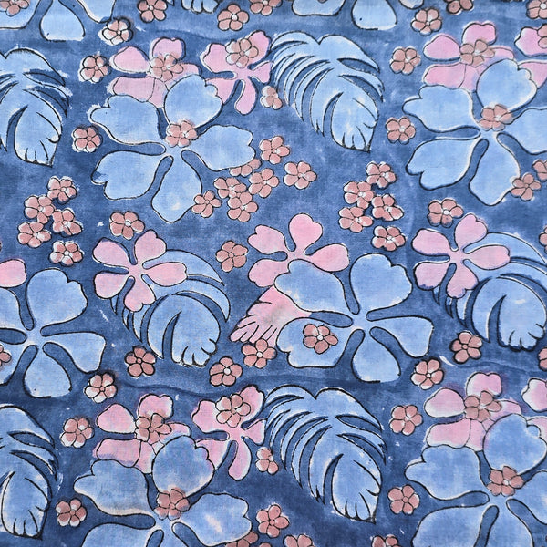 Pure Cotton Jaipuri Blue With Baby Pink Intricate Flower Motif Hand Block Print Fabric