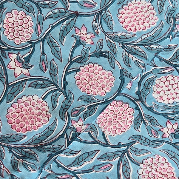 Pure Cotton Jaipuri Blue With Pink and Red Flower Jaal Hand Block Print Fabric