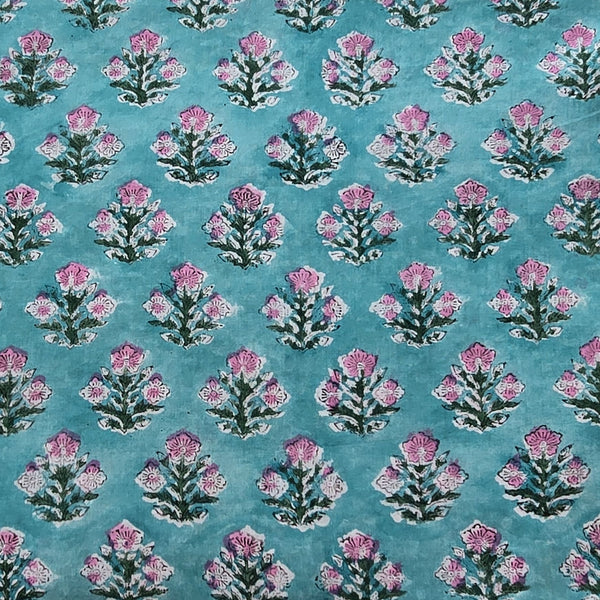 Pure Cotton Jaipuri Mint Blue With Pink Flower Motif Hand Block Print Fabric
