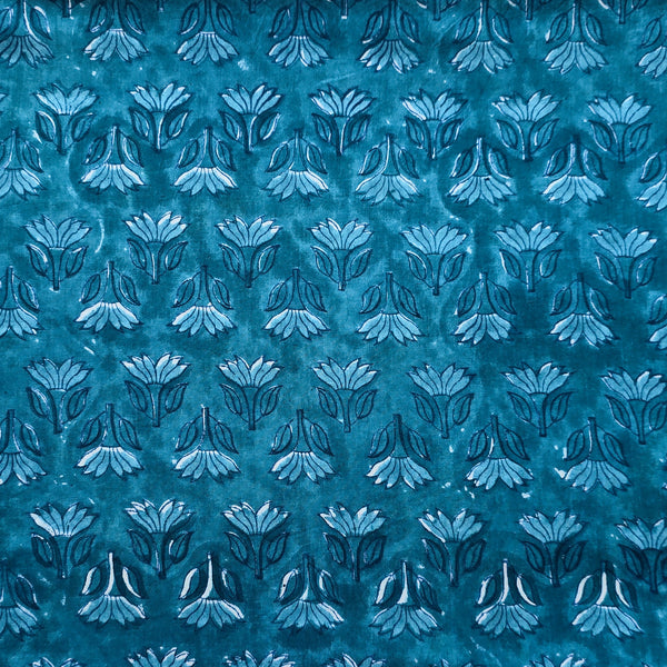 Pure Cotton Jaipuri Teal Blue With  Flower Motif Hand Block Print Fabric