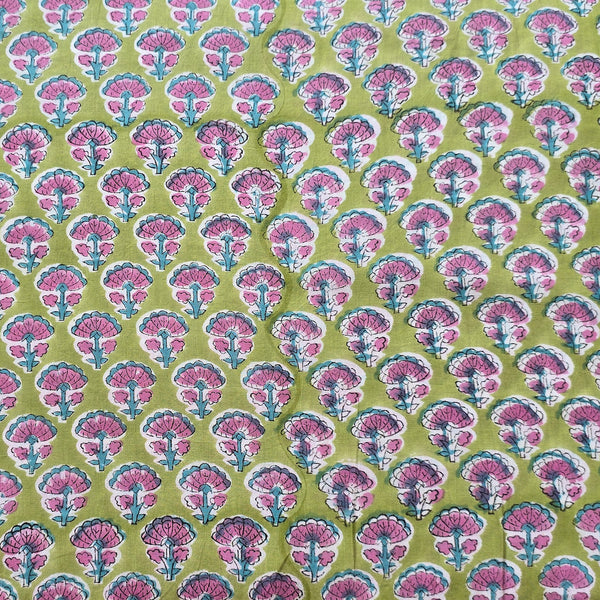 Pure Cotton Jaipuri Green With Pink and  Flower Motif Hand Block Print Fabric