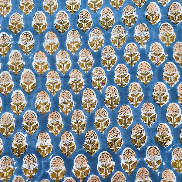 Pure Cotton Jaipuri Blue With Flower Motif Hand Block Print Fabric