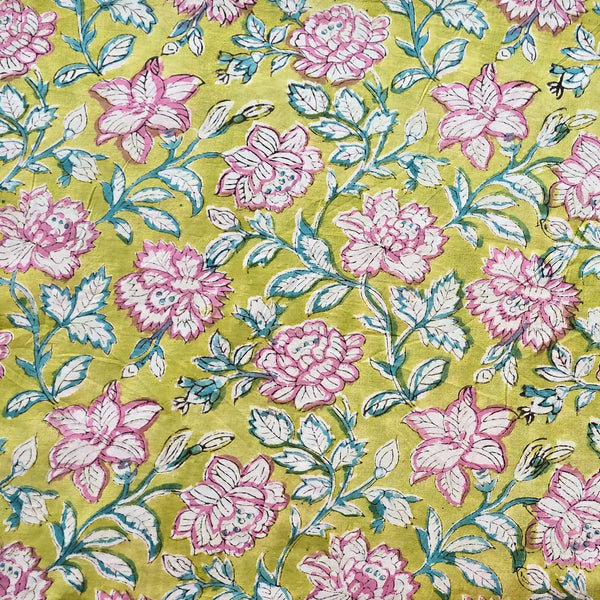 Pure Cotton Jaipuri Green With Pink  Flower Jaal Hand Block Print Fabric