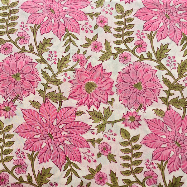 Pure Cotton Jaipuri Off White With Pink  Flower Jaal Hand Block Print Fabric