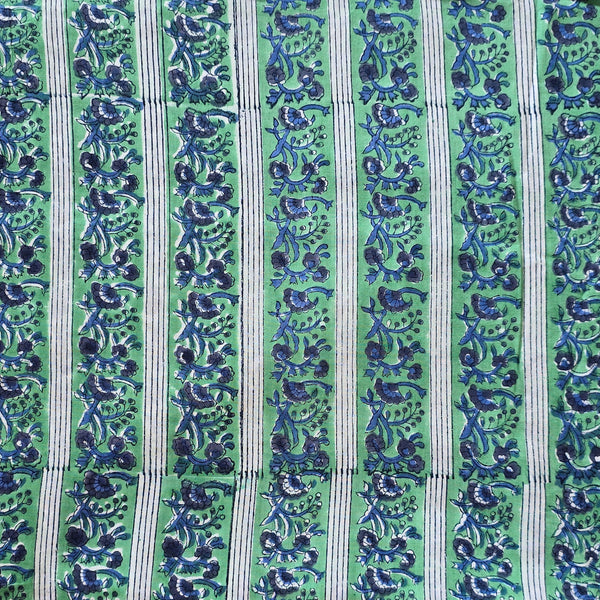 Pure Cotton Jaipuri Green With Dark Blue Stripe Design Hand Block Print Fabric