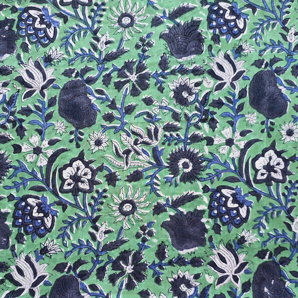 Pure Cotton Jaipuri Green  With Grey and White Flower Motif Hand Block Print Fabric