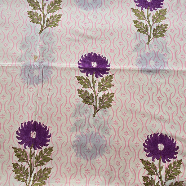 Pure Cotton Jaipuri Off White With Purple Flower Motif Hand Block Print Fabric