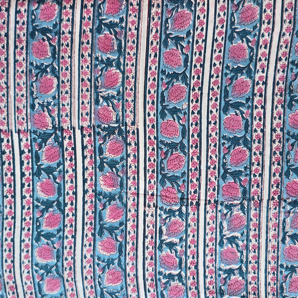 Pure Cotton Jaipuri Pink Flower With Blue Stripe Border Design Hand Block Print Fabric