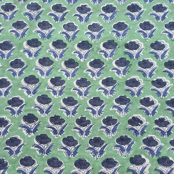 Pure Cotton Jaipuri  Light Green With Grey Flower Motif Hand Block Print Fabric