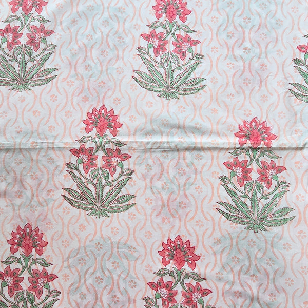 Pure Cotton Jaipuri Cream With Pink With Green  Flower Motif Hand Block Print Fabric