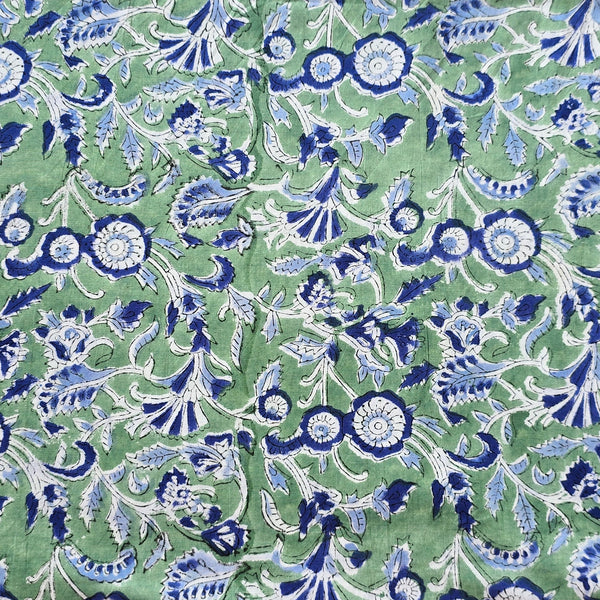 Pure Cotton Jaipuri Green With Dark Blue and White Flower Jaal Hand Block Print Fabric