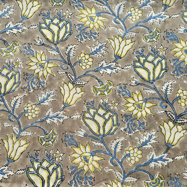Pure Cotton Jaipuri Sage Green With Yellow and Blue  Flower Jaal Hand Block Print Fabric