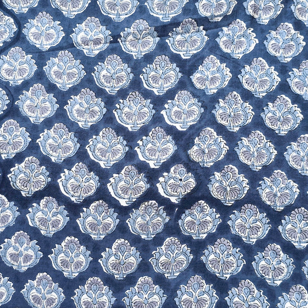 Pure Cotton Jaipuri Dark Blue With Grey and Light Blue Flower Motif Hand Block Print Fabric