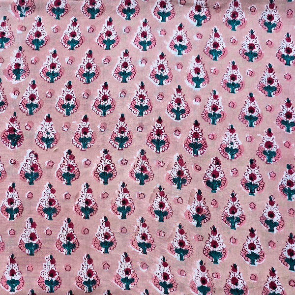 Pure Cotton Jaipuri Beige With Red and Green Flower Motif Hand Block Print Fabric