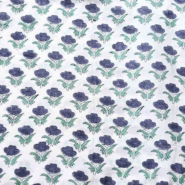 Pure Cotton Jaipuri White With Blue and Green  Flower Motif Hand Block Print Fabric