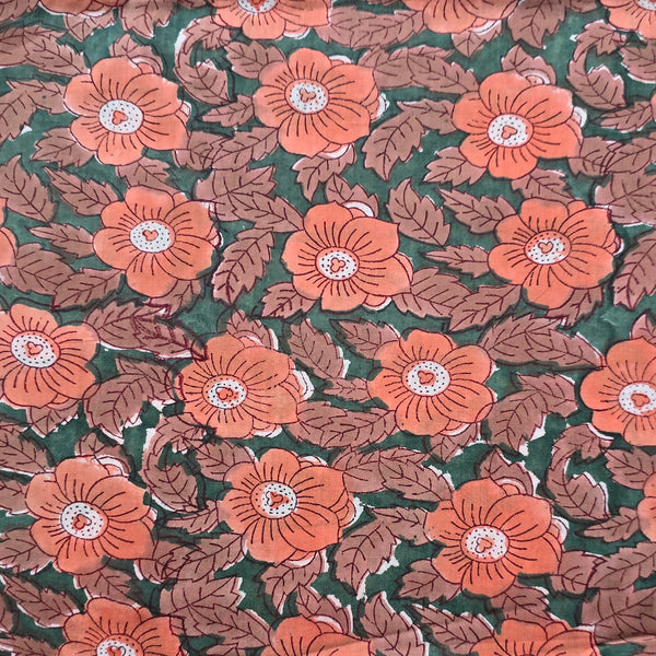 Pure Cotton Jaipuri Dark Green With Peach  Flower Jaal Hand Block Print Fabric